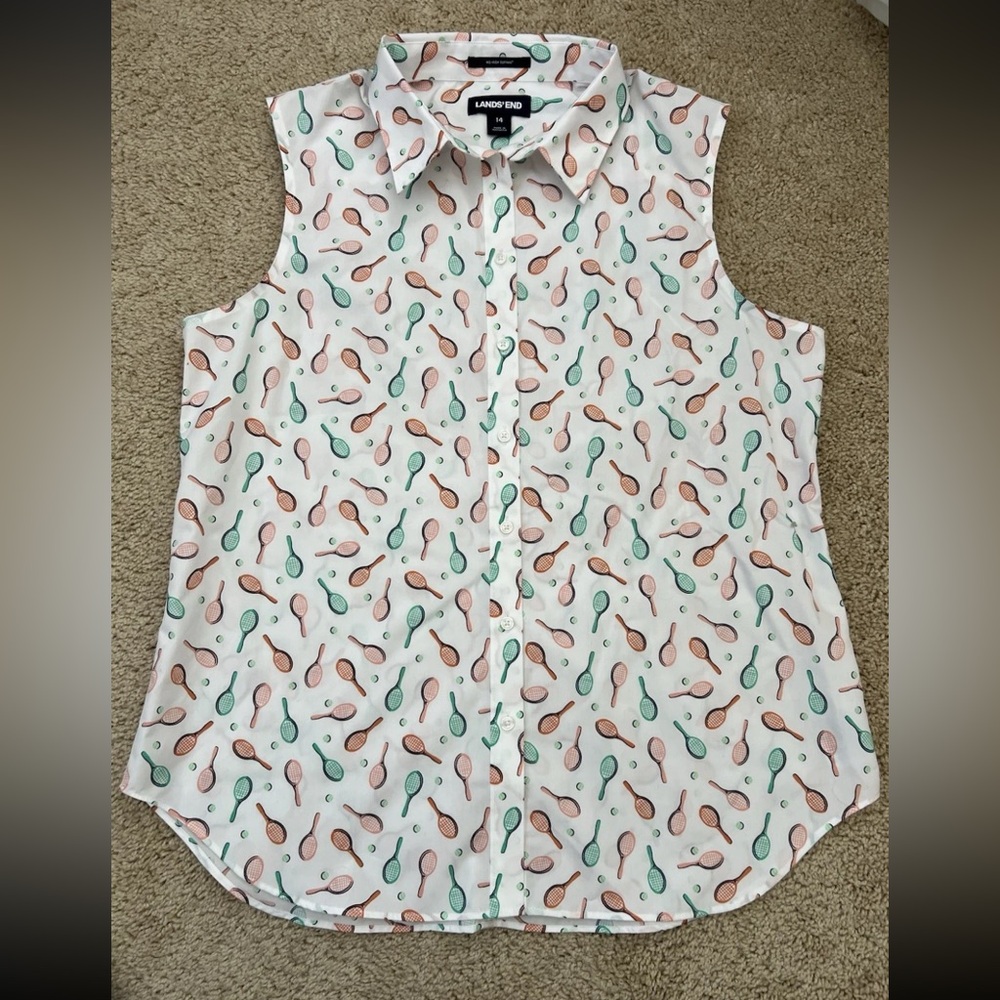 Lands End 100% Cotton Sleeveless Collared Button Down Shirt Size 14 Tennis
